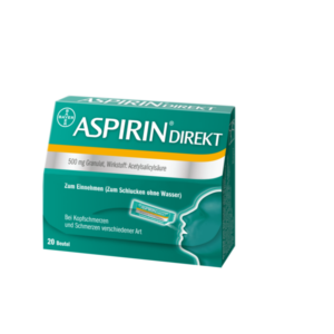 Packung mit ASPIRIN direkt Granulat, 500 mg, für die Einnahme ohne Wasser, gegen Kopfschmerzen und Schmerzen.