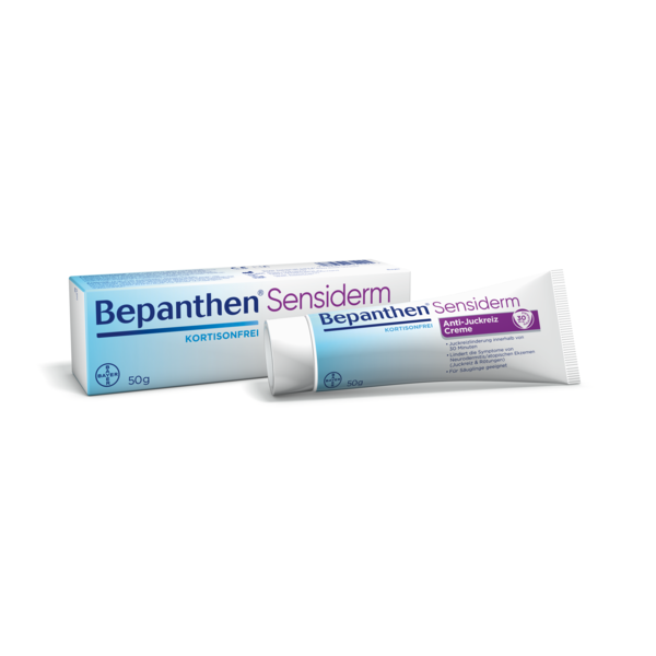 Bepanthen Sensiderm Anti-Juckreiz Creme in einer weißen Tube mit blauer Schrift und Verpackung, 50g, ohne Kortison.