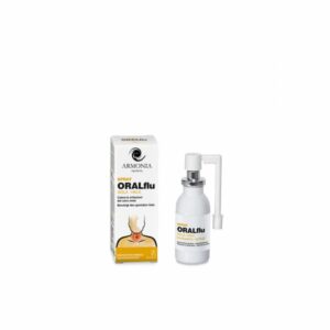 Medizinprodukt Oralflu in einer weißen Sprühflasche mit einem Applikator, begleitet von einer Verpackung mit Beschreibung.