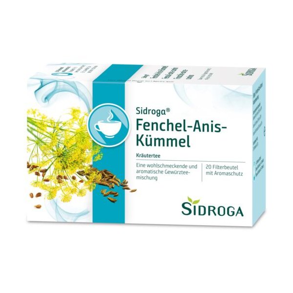 Verpackung von Sidroga Fenchel-Anis-Kümmel Kräutertee in einer Box mit auffälligem Gräser- und Kräuterdesign.