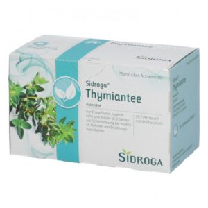 Verpackung von Sidroga Thymiantee mit Kräuterillustration und Informationen zur Anwendung.