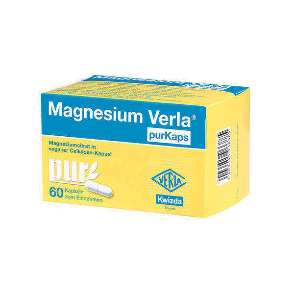Verpackung von Magnesium Verla purKaps, veganen Cellulose-Kapseln in einer gelben Schachtel mit blauen Schriftzügen.