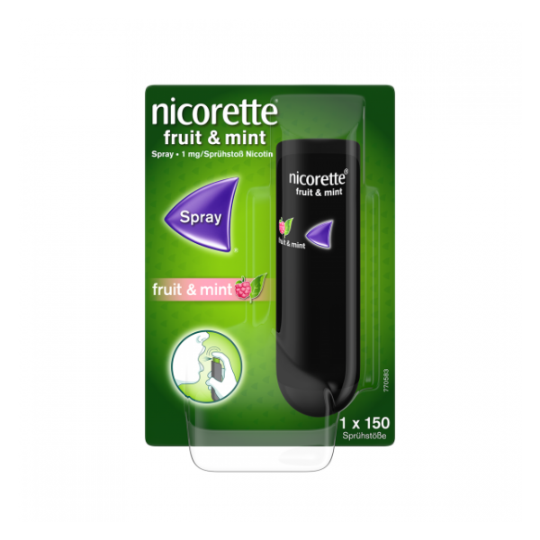 Nicorette Frucht- und Minzspray in schwarzer Verpackung mit grüner Blisterkarte und Hinweis auf die Anwendung.