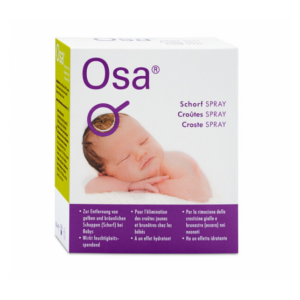 Packung des Osa Sprays zur Entfernung von Schuppen bei Babys, mit einem schlafenden Baby auf der Vorderseite.