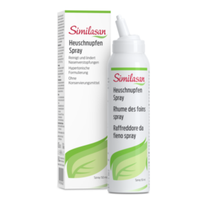 Bilder einer Verpackung und einer Sprühflasche mit Heuschnupfen-Spray von Similasan, 50 ml ohne Konservierungsmittel.
