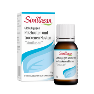 Flasche mit Globuli gegen Reizhusten und trockenen Husten von Similasan, verpackt in einer Produktbox.