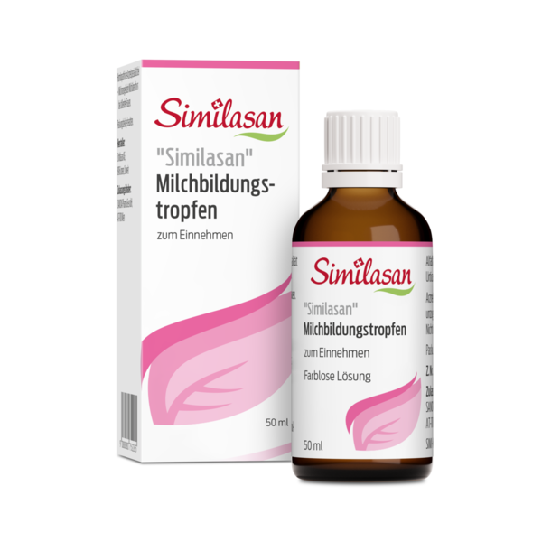 Braune Glasflasche mit Similasan Milchbildungstropfen, verpackt in einer weißen Schachtel mit pinken Akzenten.