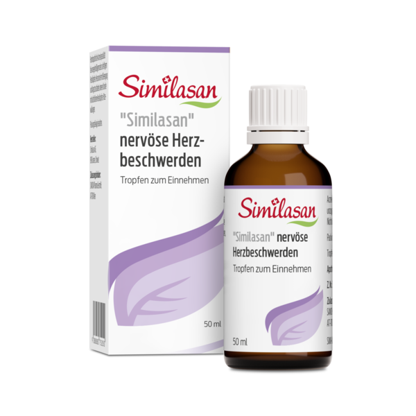 Flasche mit 'Similasan' Tropfen für nervöse Herzbeschwerden, beigelegt in einer Verpackung mit lila Akzenten.