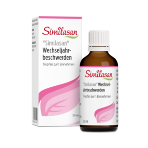 Braune Flasche mit Tropfen zum Einnehmen, verpackt in einer weißen Schachtel mit pinken Akzenten und dem Schriftzug "Similasan Wechseljahresbeschwerden"
