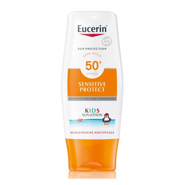 Sonnenschutzlotion für Kinder mit Lichtschutzfaktor 50+, in einer weißen und orangefarbenen Flasche.