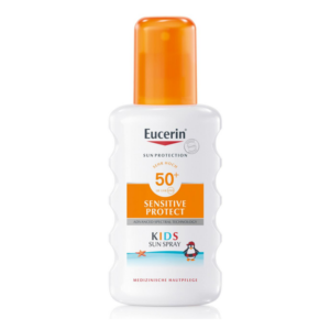 Flasche Eucerin Kids Sun Spray mit hohem Lichtschutzfaktor 50+, weiß-orange Verpackung, medizinische Hautpflege.