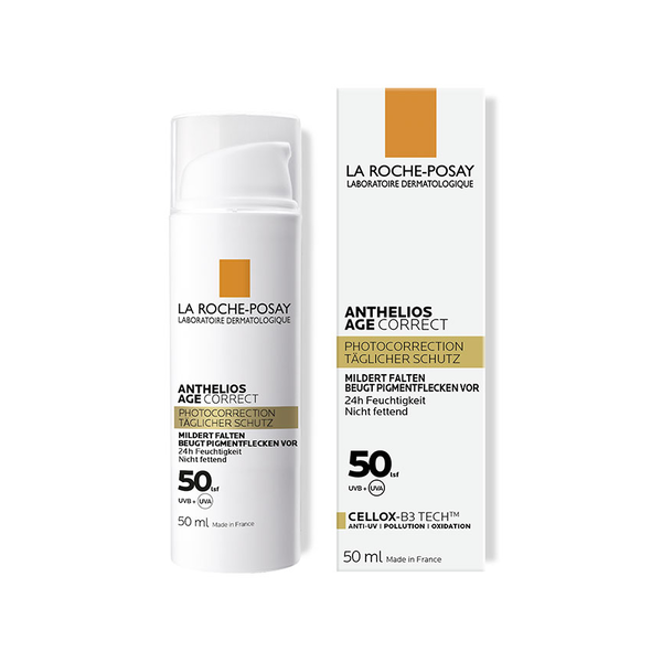 Schutzcreme von La Roche-Posay in weißer Kunststoffverpackung mit Pumpaufsatz und goldener Schrift.