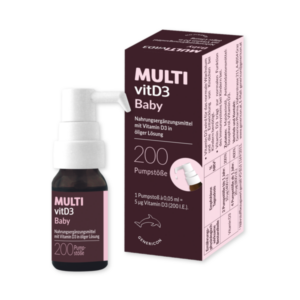 Flasche mit Vitamin D3 für Babys in öliger Lösung und Verpackung mit Pumpmechanismus.