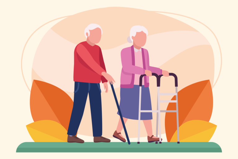 Ein älteres Paar geht zusammen, der Mann mit einem Gehstock und die Frau mit einem Rollator, umgeben von bunten Laubblättern.