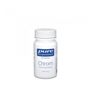 Weißer Flakon mit blauem Etikett, enthält Chrom in Form von Chrompicolinat, angegeben mit 200 mcg.