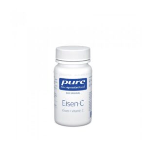 Weißer Pillenbehälter mit blauer Aufschrift "Eisen-C" von pure encapsulations, enthält Eisen und Vitamin C.