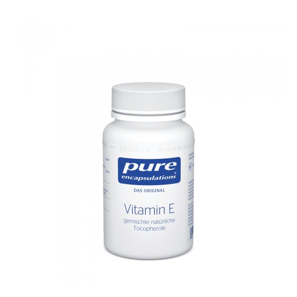 Flasche mit Vitamin E von Pure Encapsulations, mit blauem Logo und weißen Etikett, auch in deutscher Sprache.