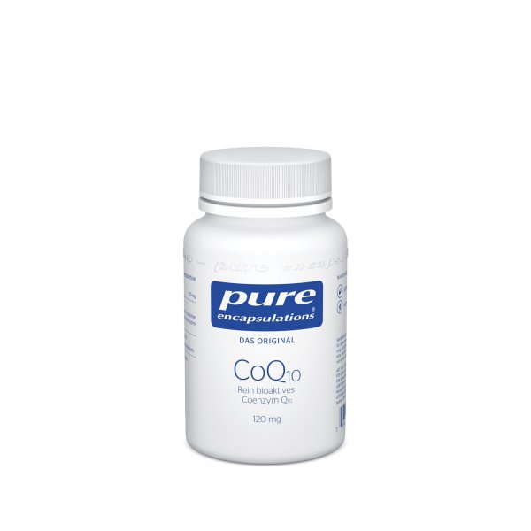 Weißer Flaschenbehälter mit Schraubverschluss, beschriftet mit 'pure encapsulations CoQ10 120 mg'.