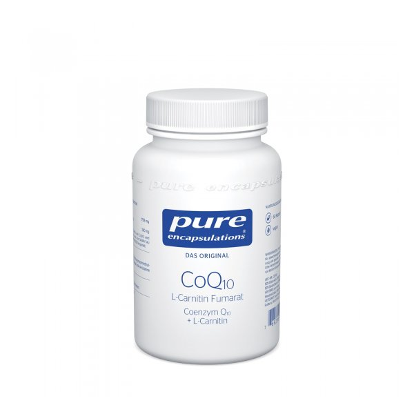 Weißes Kunststoffgefäß mit Schraubverschluss, beschriftet mit Coenzym Q10 und L-Carnitin von pure encapsulations.