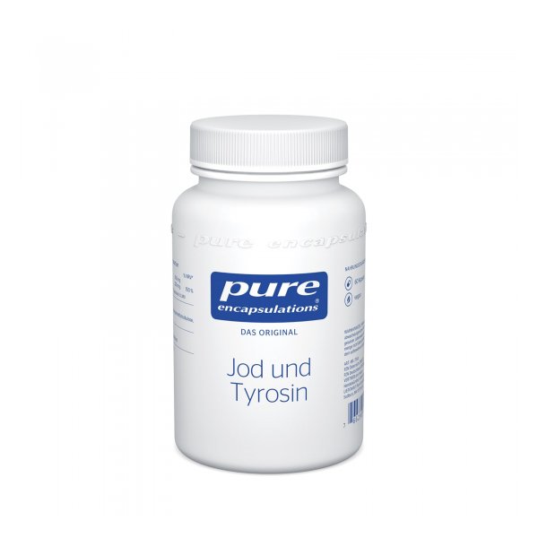 Weißer Behälter mit schwarzem Schraubverschluss, beschriftet mit "Jod und Tyrosin" und Logo von pure encapulations.