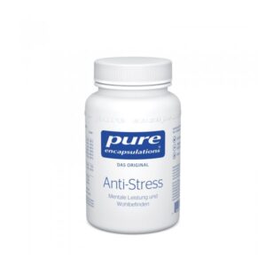 Weißer Flasche mit Schraubverschluss, beschriftet mit "Anti-Stress" und Infos zu mentaler Leistung und Wohlbefinden.