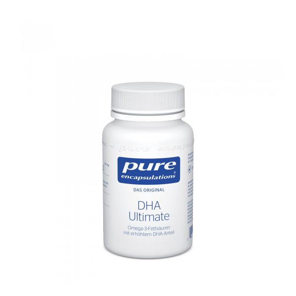 Weißer Kunststoffbehälter mit Schraubverschluss, beschriftet mit "pure encapsulations DHA Ultimate" für Omega-3-Fettsäuren.