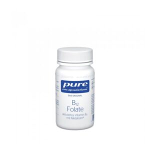 Weißer Flakon mit Schraubverschluss, beschriftet mit "B12 Folate, aktiviörtes Vitamin B12 mit Metafolin".