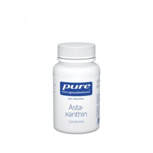 Weißes Fläschchen mit einem blauen Etikett, das Astaxanthin-Kapseln von Pure Encapsulations zeigt.