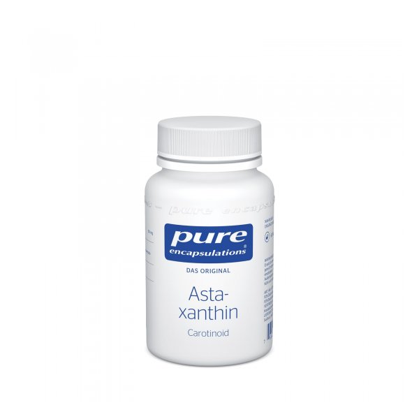 Weißes Fläschchen mit einem blauen Etikett, das Astaxanthin-Kapseln von Pure Encapsulations zeigt.