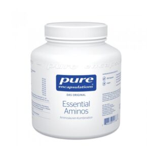 Weißer Kunststoffbehälter mit Schraubverschluss, beschriftet mit "Essential Aminos" und Inhaltsangaben für 180 vegane Kapseln.