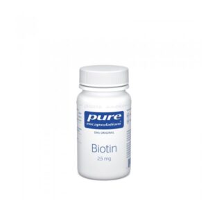 Weißer Kunststoffbehälter mit einem Schraubverschluss, der Biotin mit 2,5 mg enthält und das Logo von Pure Encapsulations zeigt.