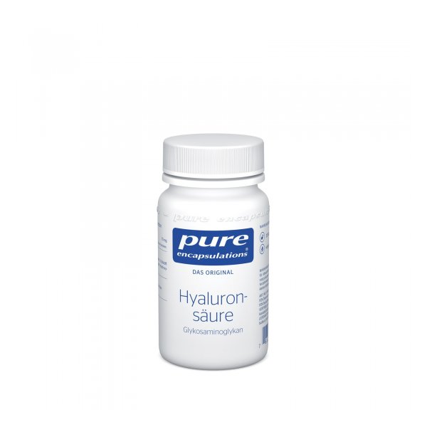 Weißer Behälter mit blauer Schrift, enthält Hyaluronsäure von Pure Encapsulations, Schraubdeckel.