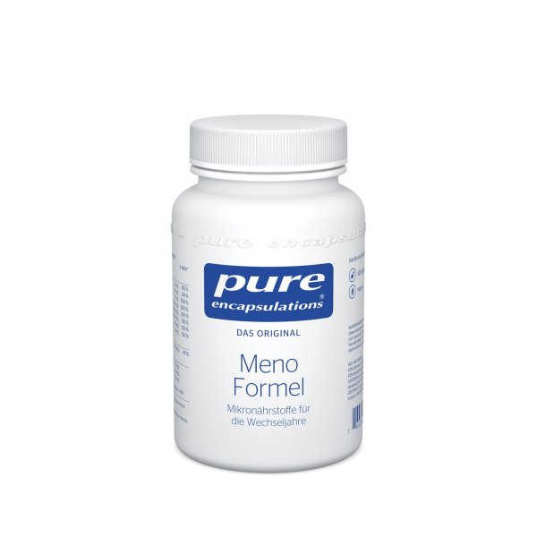 Weißer Kunststoffbehälter mit Schraubverschluss, beschriftet mit 'Meno Formel' von pure encapsulations.