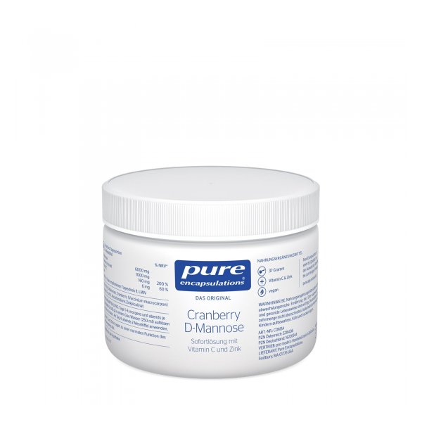 Dose mit Cranberry D-Mannose, sofortlöslich, ergänzt mit Vitamin C und Zink, in weißer Verpackung.