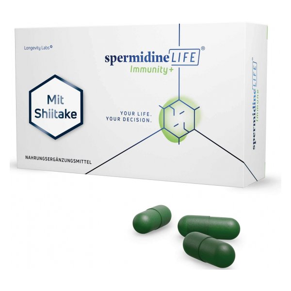 Verpackung von spermidineLIFE Immunity+ mit Shiitake Pilzen, enthält grüne Nahrungsergänzungsmittel-Kapseln.