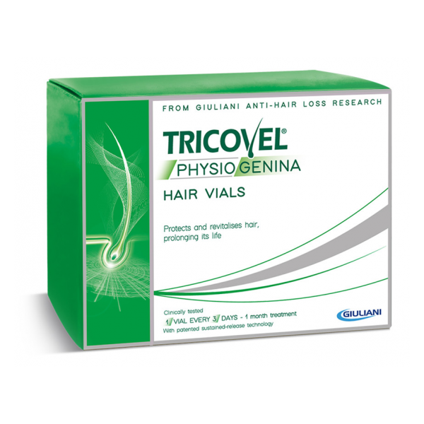 Grüne Verpackung von Tricovel PhysioGenina Haarampullen mit dem Hinweis auf den Schutz und die Revitalisierung von Haaren.