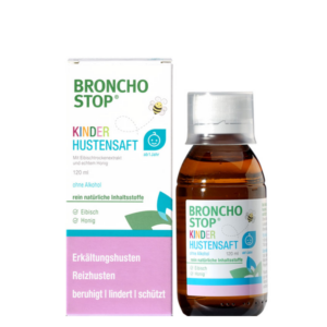 Broncho Stop Kinder Hustensaft in einer durchsichtigen Flasche mit einem Schraubverschluss und einer farbigen Verpackung.