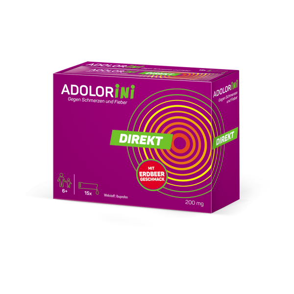 Lila Verpackung des Produkts ADOLORini gegen Schmerzen und Fieber, mit Erdbeergeschmack, 200 mg Ibuprofen, für Kinder ab 6 Jahren.