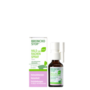 Braunes Sprühfläschchen mit weißem Sprühkopf, umgeben von einer farbigen Verpackung, bewirbt Broncho Stop Hals- und Rachenspray.