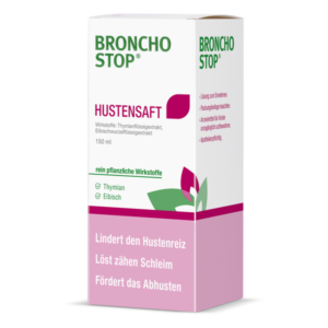 Verpackung des Broncho Stop Hustensaft mit pflanzlichen Wirkstoffen wie Thymian und Eibisch, 150 ml.