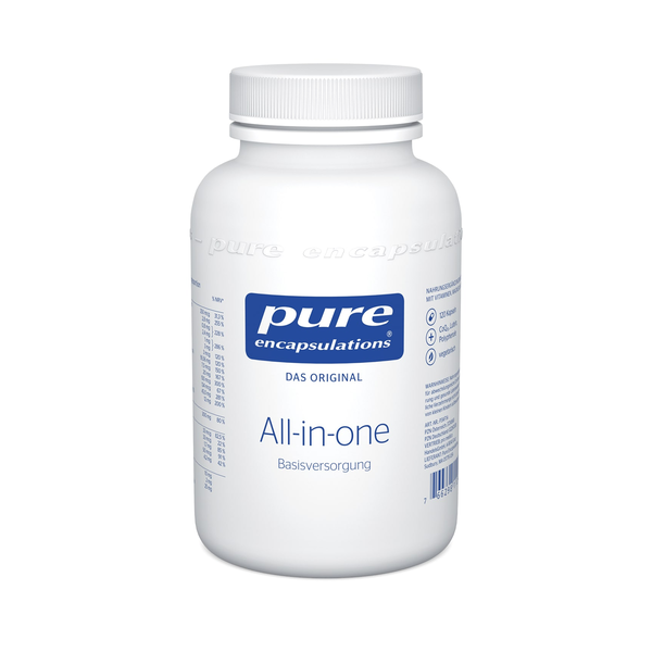 Weißer Vitalstoffbehälter mit blauem Label, auf dem 'pure encapuslations Das Original All-in-one' steht.