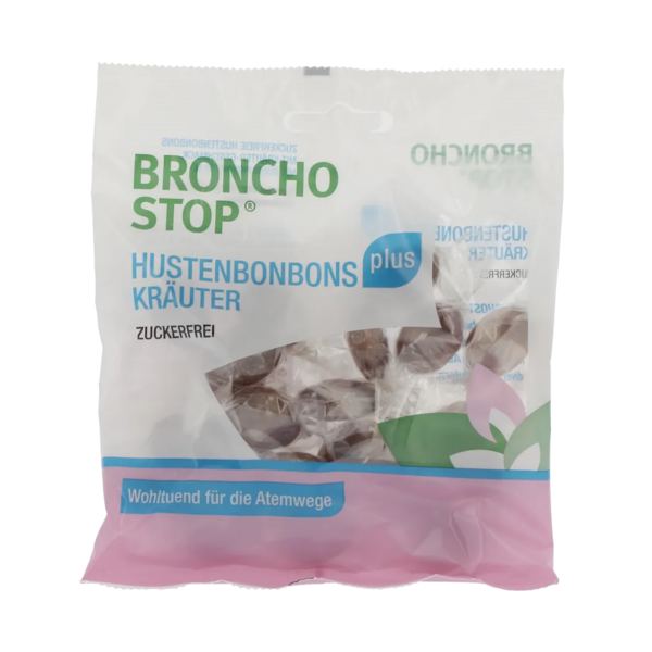 Verpackung von Broncho Stop Hustenbonbons, zuckerfrei, mit Kräutern, transparent mit dunklen Bonbons sichtbar.