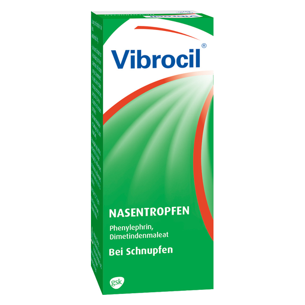 Verpackung von Vibrocil Nasentropfen, grün mit weißen und roten Akzenten, zur Linderung von Schnupfen.