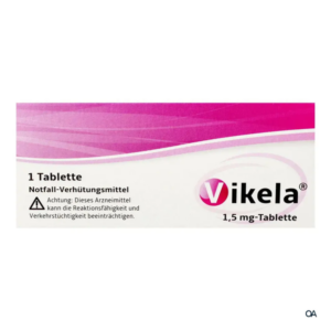 Verpackung einer Notfall-Verhütungstablette namens Vikela mit Warnhinweis zur Reaktionsfähigkeit.