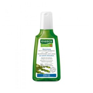Flasche Rausch Meerestang Fett-Stopp Shampoo mit grünem Deckel und weißem Etikett, enthält pflanzliche Inhaltsstoffe.