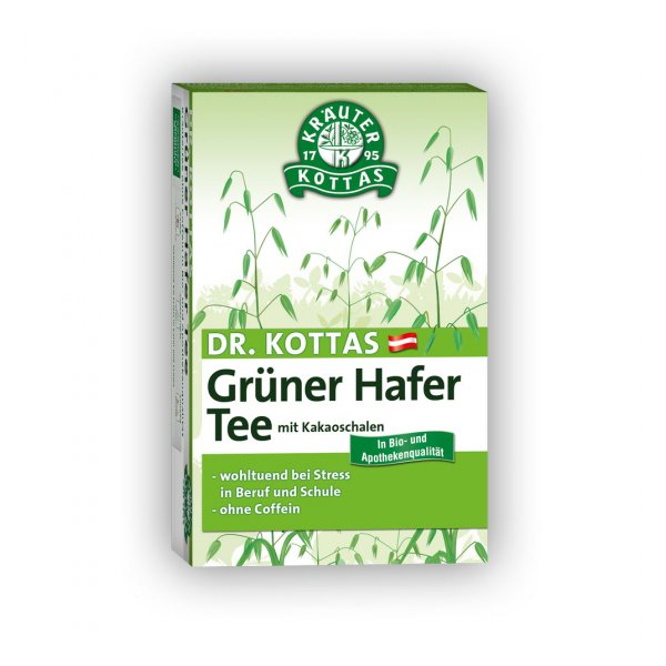 Verpackung von Dr. Kottas grünem Hafertee mit Kakaoschalen, betont seine stresslindernden Eigenschaften, bio- und apothekenqualitativ.