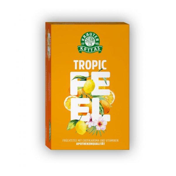 Verpackung für Früchtetee mit dem Namen "Tropic Feel", exotischen Früchten und botanischen Illustrationen auf orangefarbenem Hintergrund.