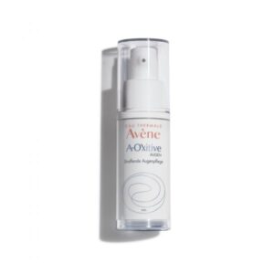 Flasche von Avène A-Oxitive Augencreme, klare Verpackung mit Pumpmechanismus, Informationen zur Anwendung stehen auf dem Etikett.