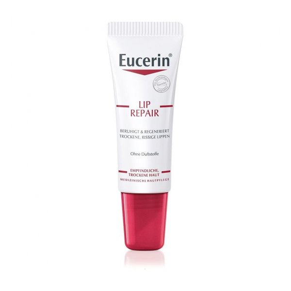 Eucerin Lip Repair Tube zur Beruhigung und Regeneration trockener, rissiger Lippen, ohne Duftstoffe.