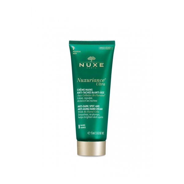 Grüne Tube mit NUXE Nuxuriance Ultra Handcreme, die anti-aging und aufhellende Eigenschaften verspricht.